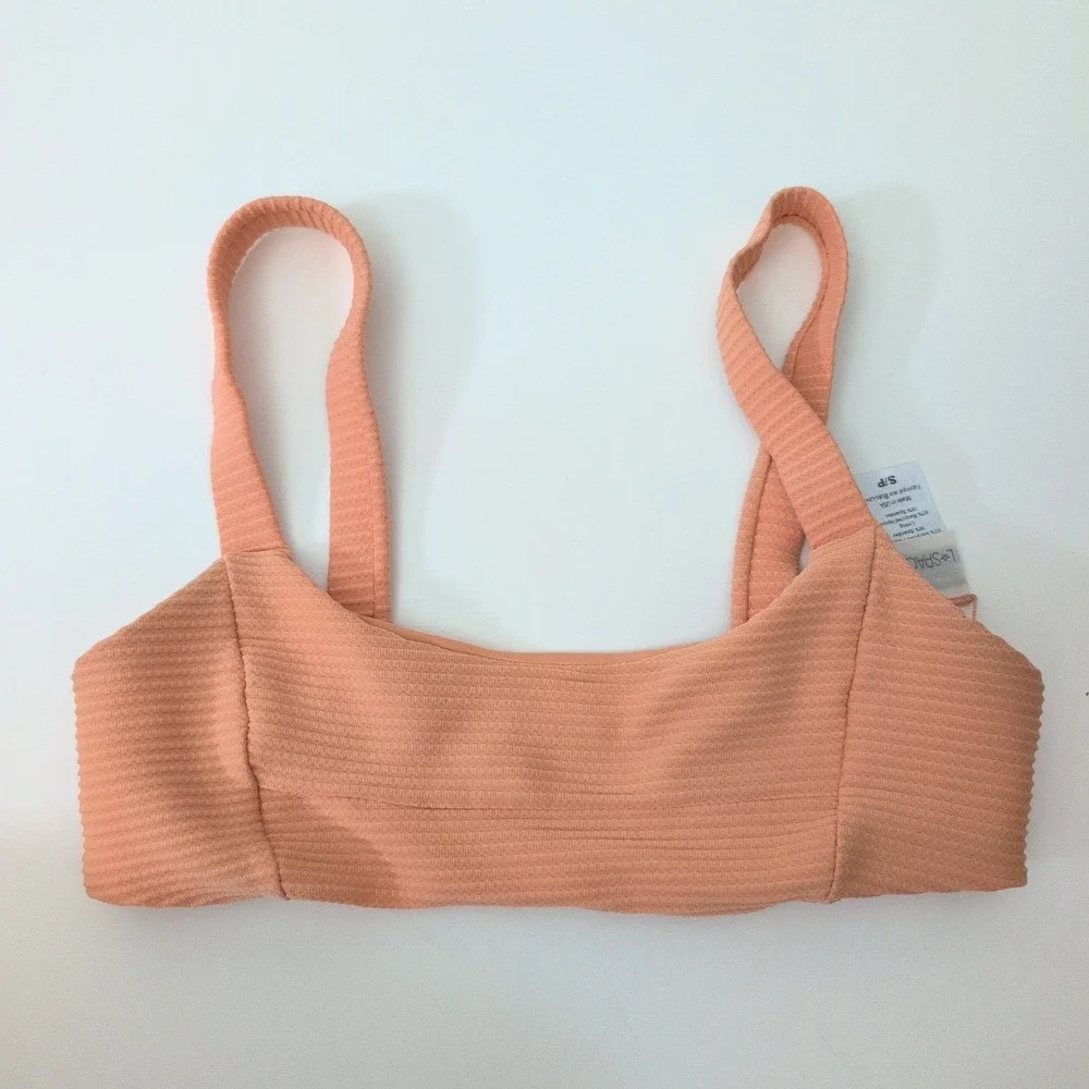L*Space Eco Chic Ribbed Square Neck Bikini Top Peach Jess Tangy Coral Size Small